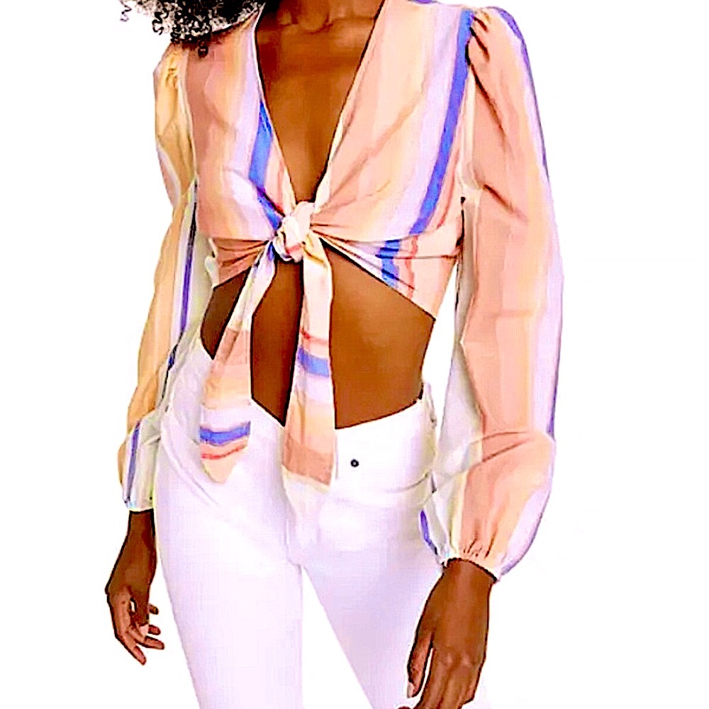 ❤️ NWT Bar III Colorful Striped Tie Front V Neck Long Sleeve Crop Top Small